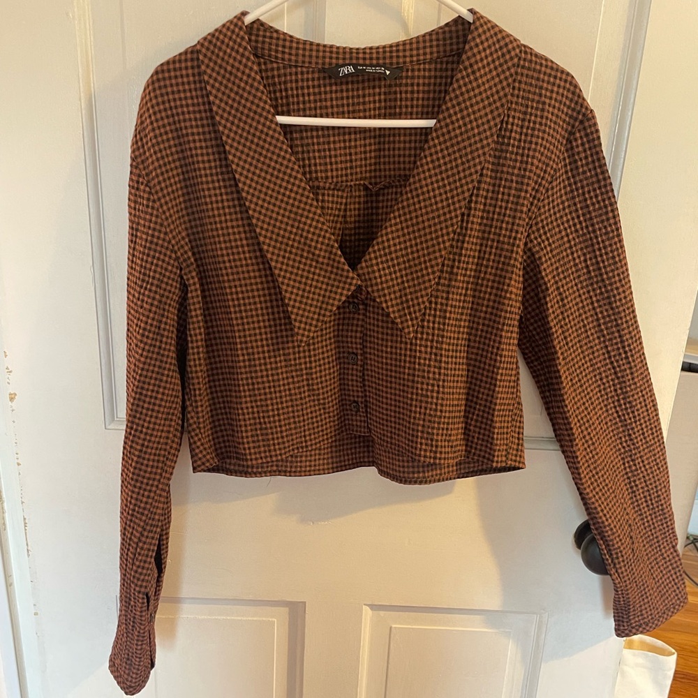 Zara Brown and Black Plaid Peter Pan Collar Cropped Shirt Women’s Size M